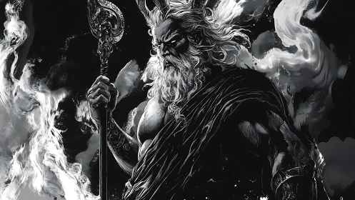 Monochrome storm deity rendered with high contrast chiaroscuro detailing
