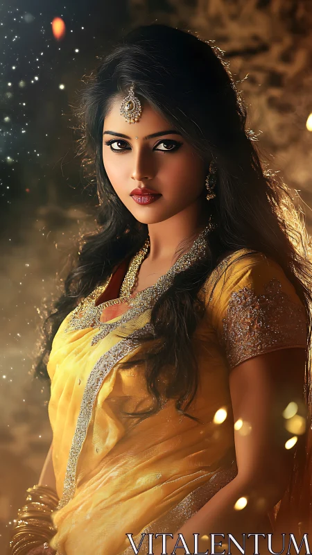 Cinematic portrait of woman in ornate yellow sari, bokeh-lit.
