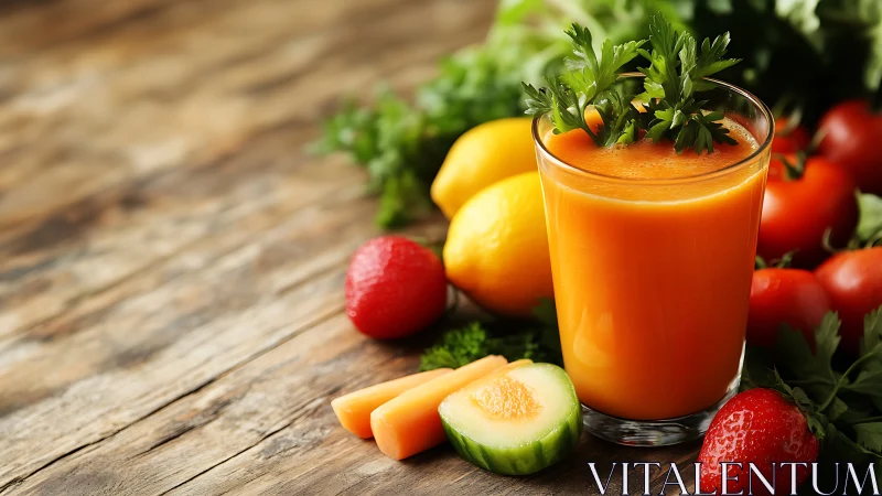 Carrot orange smoothie glass with fresh fruits and herbs.