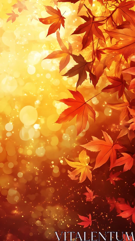 Glowing autumn maple leaves drift through bokeh light field