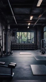 Industrial loft gym interior with free weights and cable station