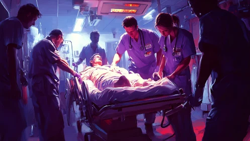 Emergency team rushes patient through neon-lit hospital night