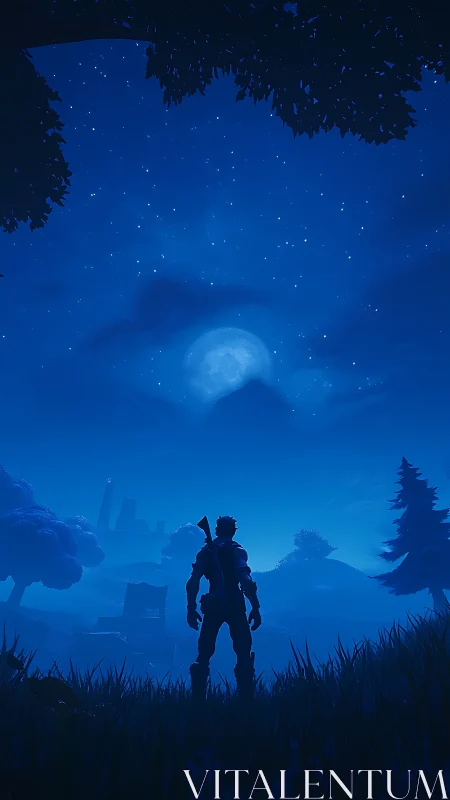 Silhouetted game warrior under cobalt moonlit battle sky.