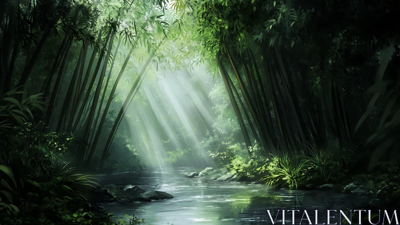 Bamboo forest stream with light rays.