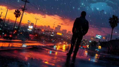 Rain-soaked city dream glows around a lone evening wanderer