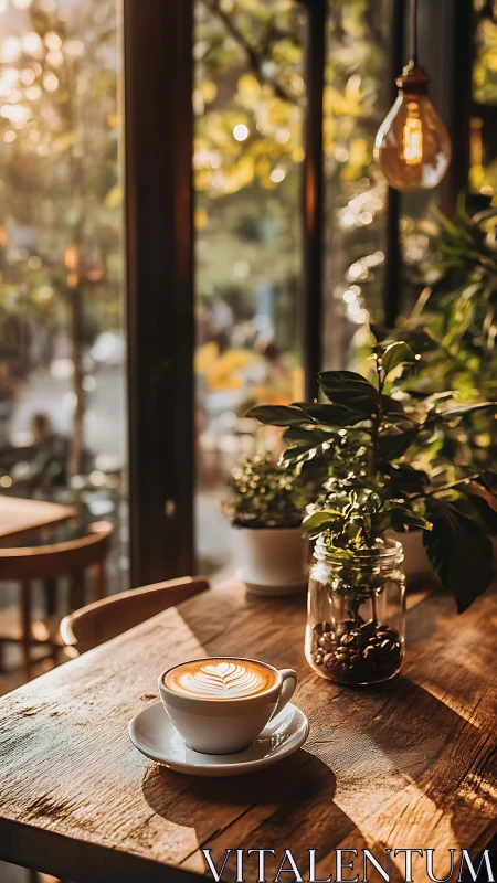 Late-afternoon latte holds sunlight still on a wooden table