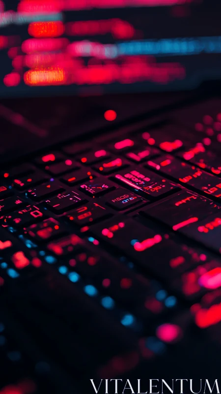 Backlit keyboard with neon code glow in deep focus.