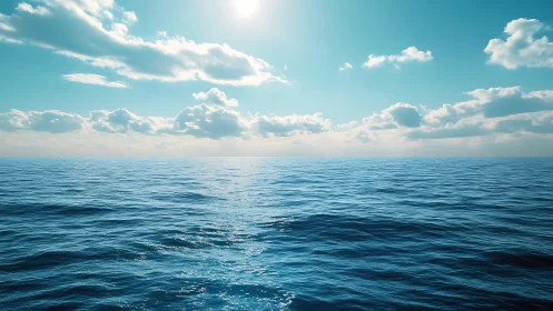 Sunlit ocean horizon extends under scattered cumulus clouds