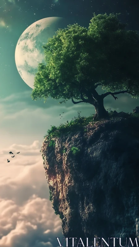 Lone cliffside tree greeting a colossal moon above clouds.