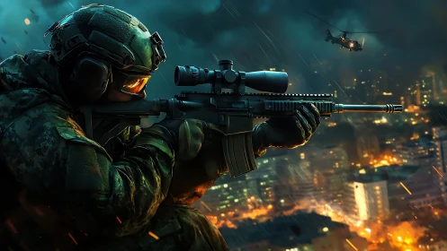 Military sniper aiming over burning city at night scene.