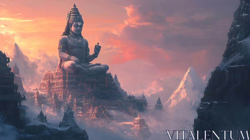 Colossal seated deity over terraced mountain citadel at dusk