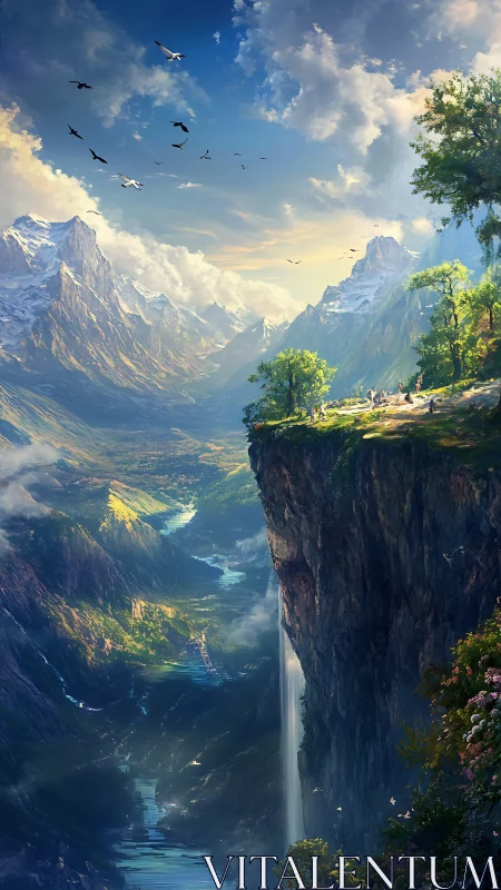 Dreamy cliffside valley where sky, peaks, and river meet.
