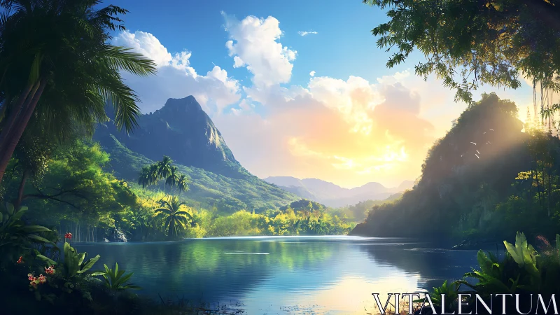 Sunlit tropical valley lake with volumetric lighting and lush foliage