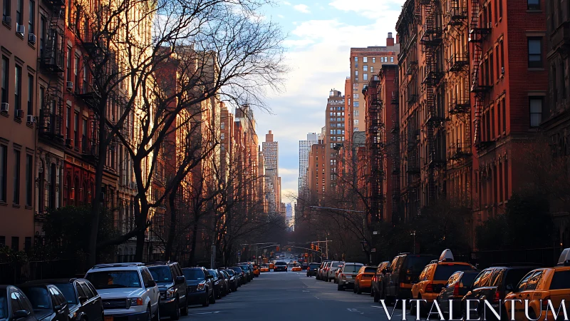Sunlit brownstones cradle a quiet Manhattan street canyon.