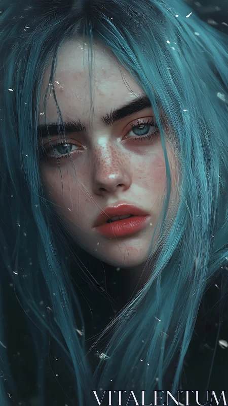 Frost-lit portrait of blue-haired woman with freckled skin.