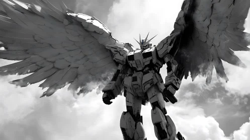 Winged mecha guardian rising gently through soft clouds.