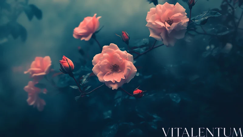 Soft-lit Coral Roses Against Moody Teal Backdrop.