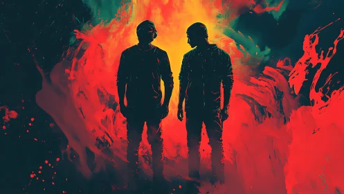 Silhouetted duo against vivid abstract flame storm.