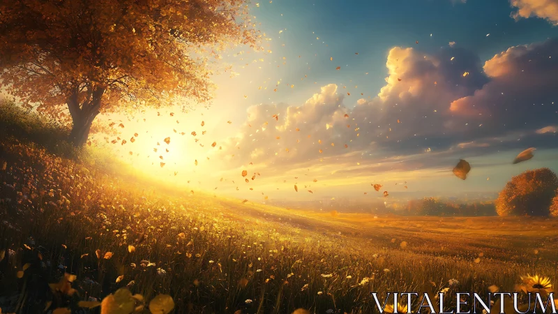 Golden autumn hillside glows under low sunset light