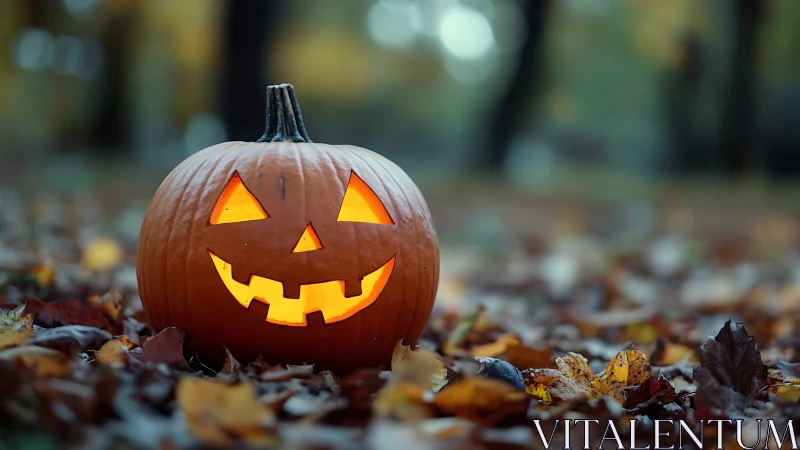 Grinning jack o lantern glows warmly over rustling leaves