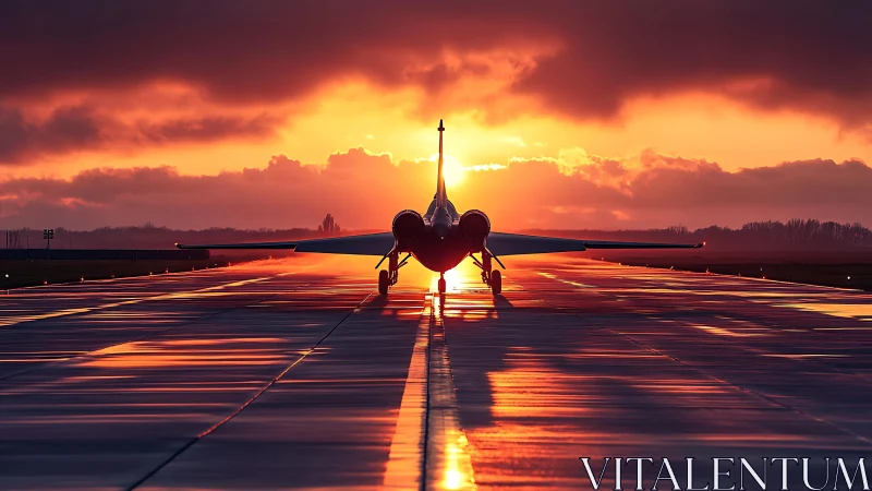 Jet silhoutte glows against a molten runway sunset horizon.