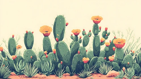 Desert Prickly Pear Ecosystem Rendered with Blooming Orange Flowers