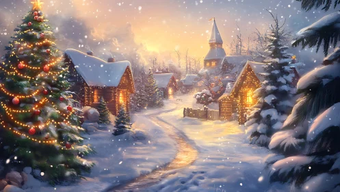 Snowy twilight village with illuminated Christmas tree and cottages