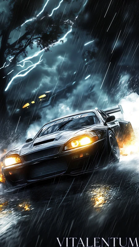 Nightstorm racer car powers through rain and crackling lightning