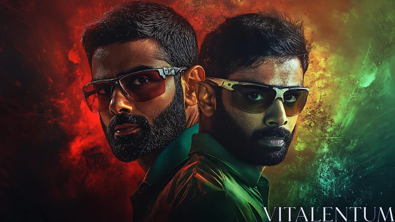 Dual portrait under red green smoke with bold neon glare.