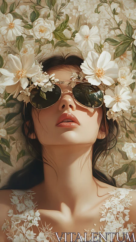 Floral mirrored sunglasses portrait with botanical surface mapping.