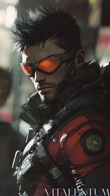 Cybernetic urban operative in red armored suit with visor optics