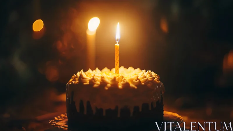Illuminated Birthday Cake with Lit Candle Against Warm Bokeh Background