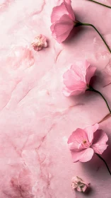 Pink hibiscus flowers on soft marble background layout.