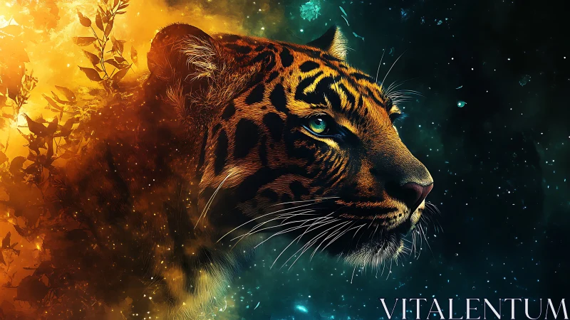 Astrophysical tiger portrait in bifurcated nebular color fields.