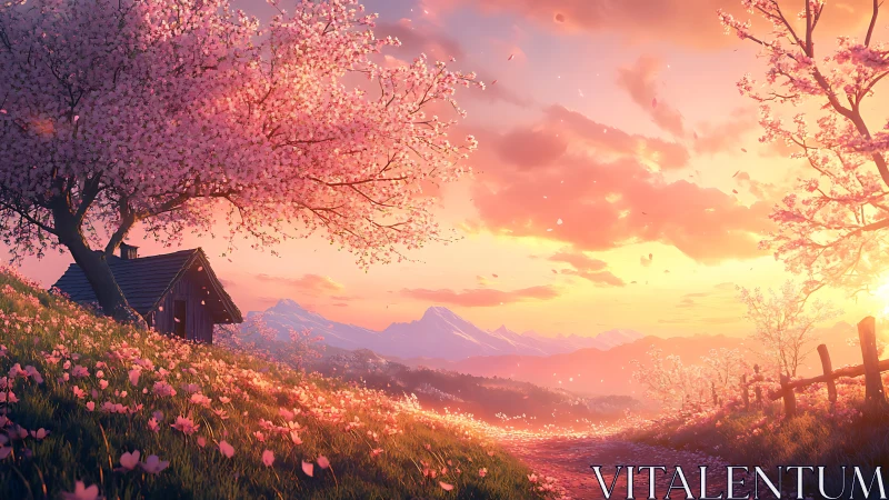 Hillside cabin with cherry blossoms at sunset in springtime.