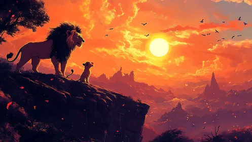 Majestic Pride Overlooking Golden Kingdom at Sunset.