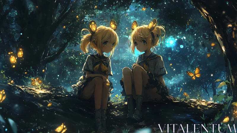 Bioluminescent forest twins with firefly butterflies at dusk