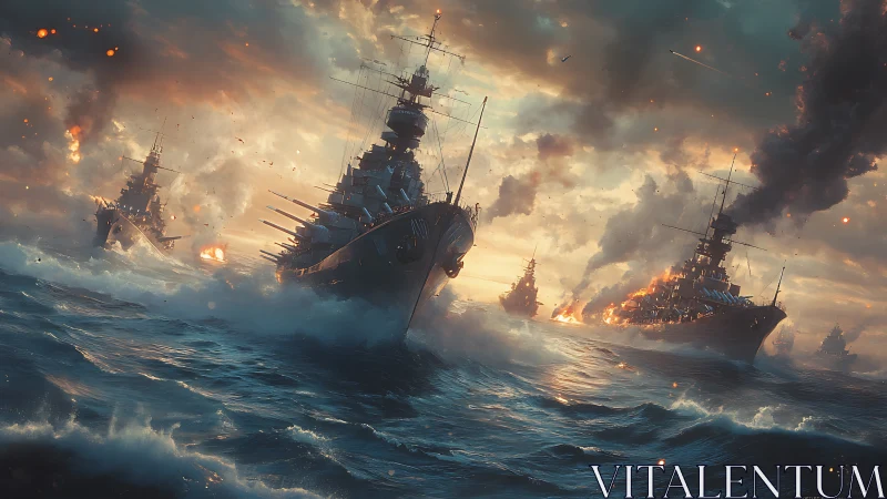 Battleships in heavy seas under bombardment at dusk.