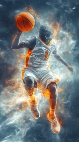 Dynamic flaming basketball dunker in midair particle burst