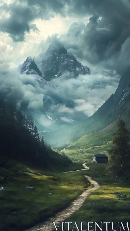 Gentle mountain path curls toward a quiet, misty summit