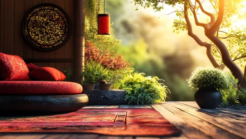 Sunlit garden lounge whispers calm through scarlet cushions