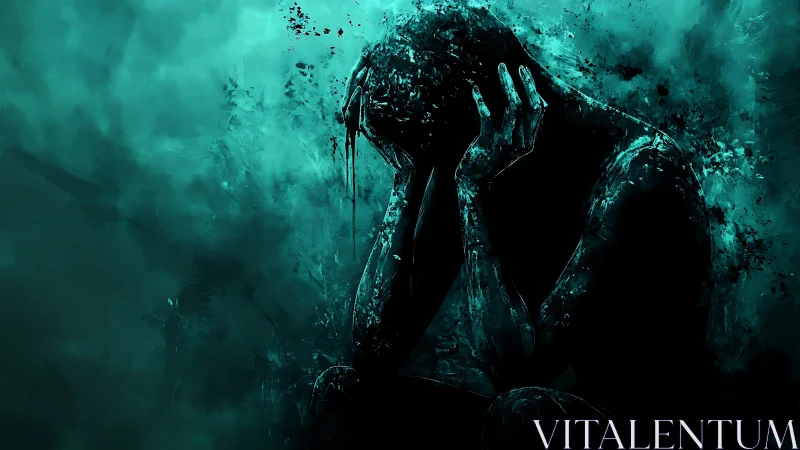 Silhouetted figure holding head in hands amid teal chaos.