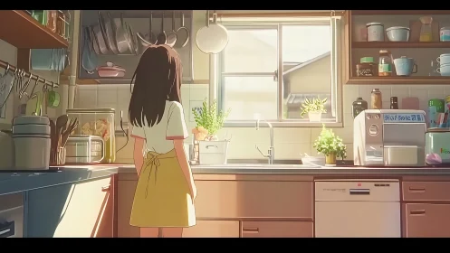 Girl stands in sunlit kitchen interior observing quiet morning