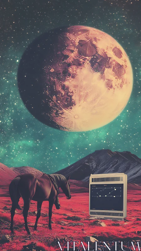 Moonlit horse and retro device in a dreamy red cosmos.
