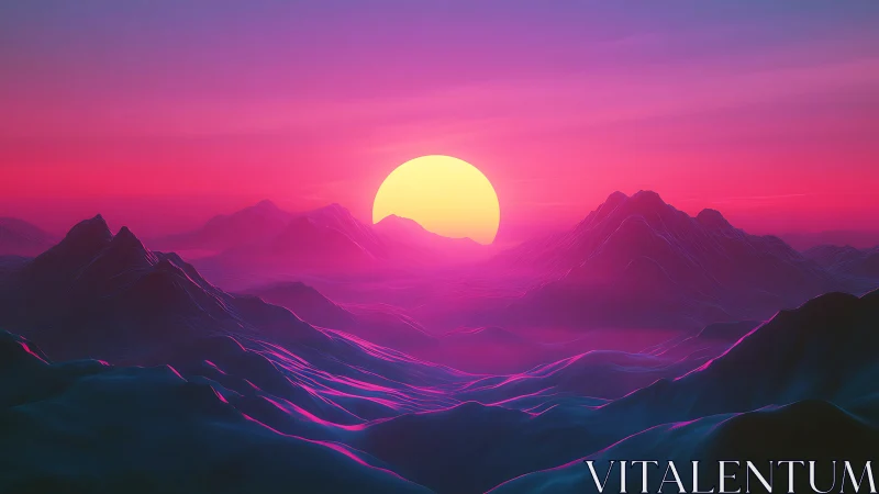 Neon sun over stylized mountains in vivid pink horizon.