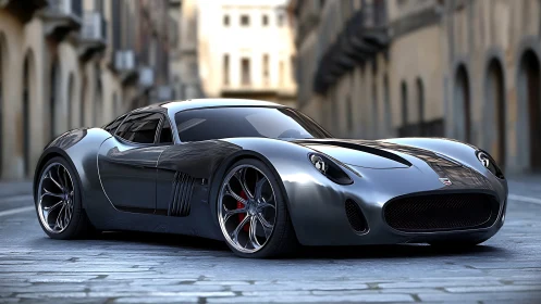 Sleek graphite supercar on empty European cobbled street.