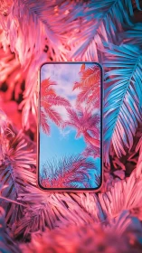Smartphone Surrounded by Neon-Lit Palm Fronds.