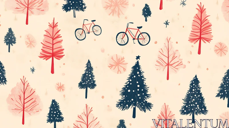 Playful winter trees and bicycles in a festive repeat pattern.