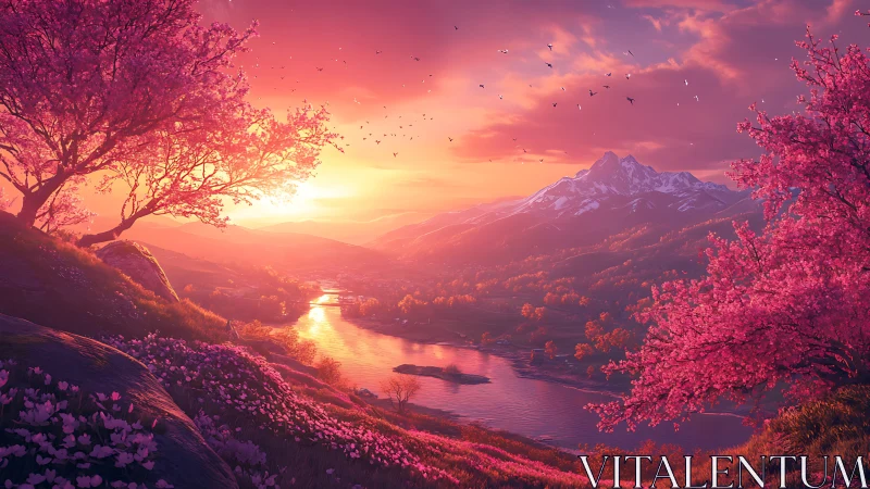 Golden sunset over pink blossom valley and winding river.