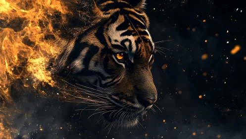 Tiger profile merges with controlled flame and dark backdrop